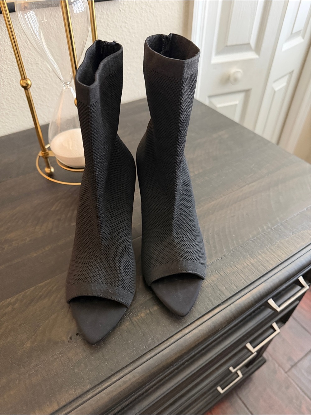 Zara Black Stretch Knit Peep-Toe Sock Ankle Boots